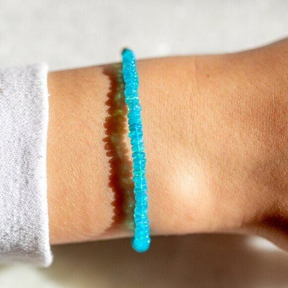 Blue Fire Opal Beaded Bracelet Gold Chain Waterproof Ethiopian Opal Bracelet - Picture 2 of 12